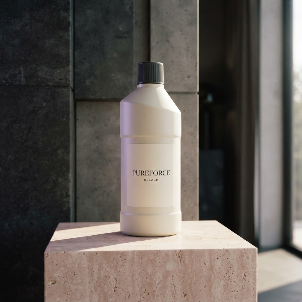 PureForce bleach bottle on a stone plinth